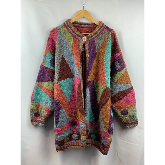Women's Tara HandKnits Colorful Knitted Coat Size L - Picture 1 of 8